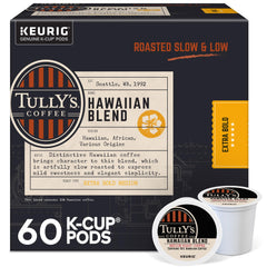 Tully's Hawaiian Blend K-Cup pods packaging highlights a convenient 60-count box for home brewing.