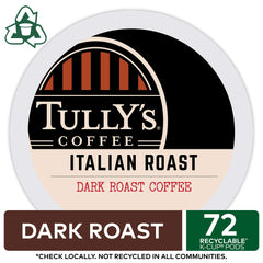 Tullys Italian Roast packaging view with a 72-count box for home or office
