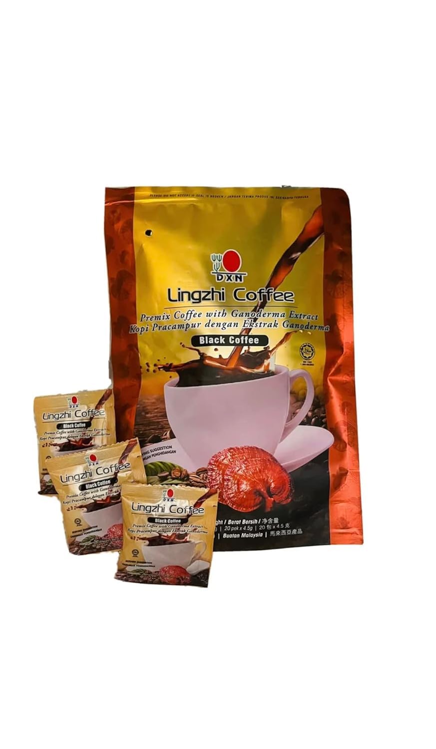TUNEZ DXN Lingzhi Black Coffee pack shot highlights bold flavor for busy mornings