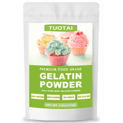TUOTAI gelatin powder packaging showing a 4 oz jar ideal for precise cake recipes
