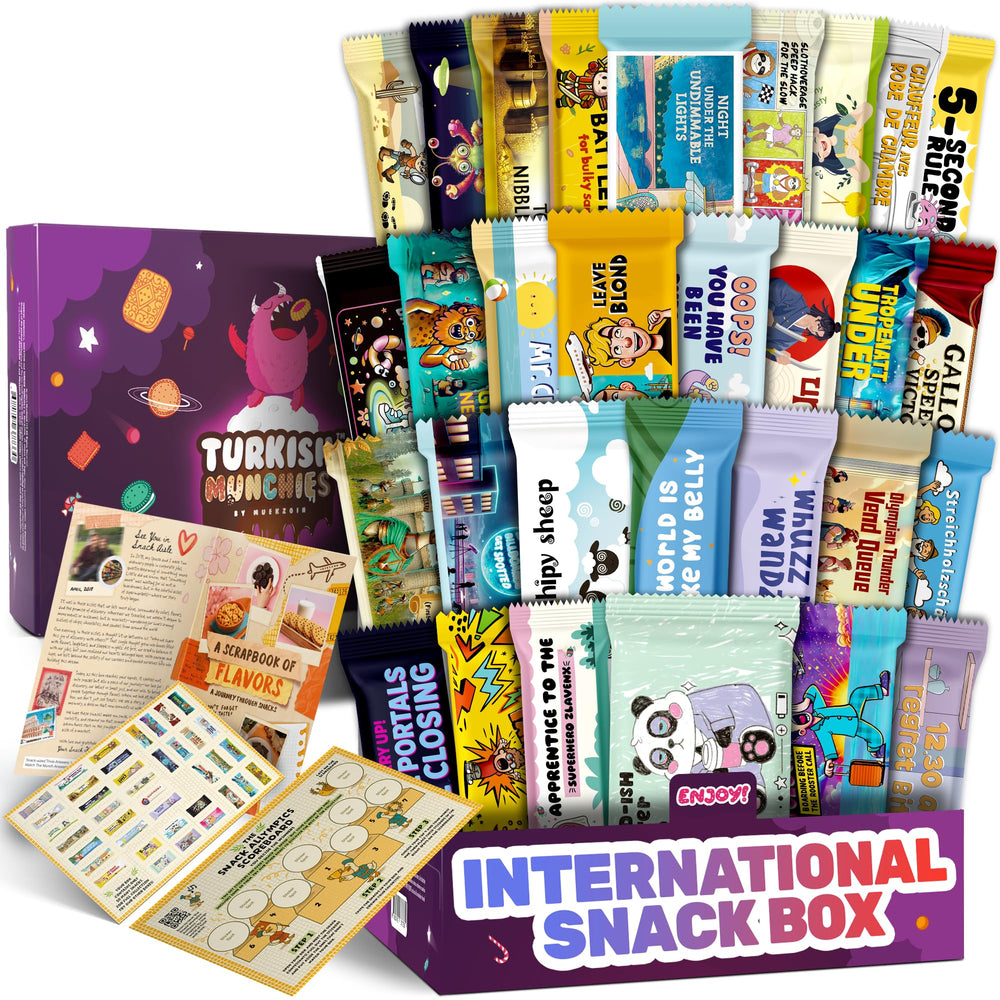 Turkish Munchies International Snack Box unboxing reveals diverse global flavors for gifting.