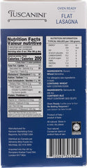 Tuscanini authentic flat lasagna durum wheat pack highlighting premium ingredients.
