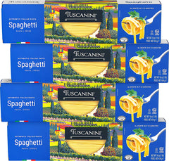 Tuscanini authentic spaghetti pasta package showing premium durum wheat for authentic texture