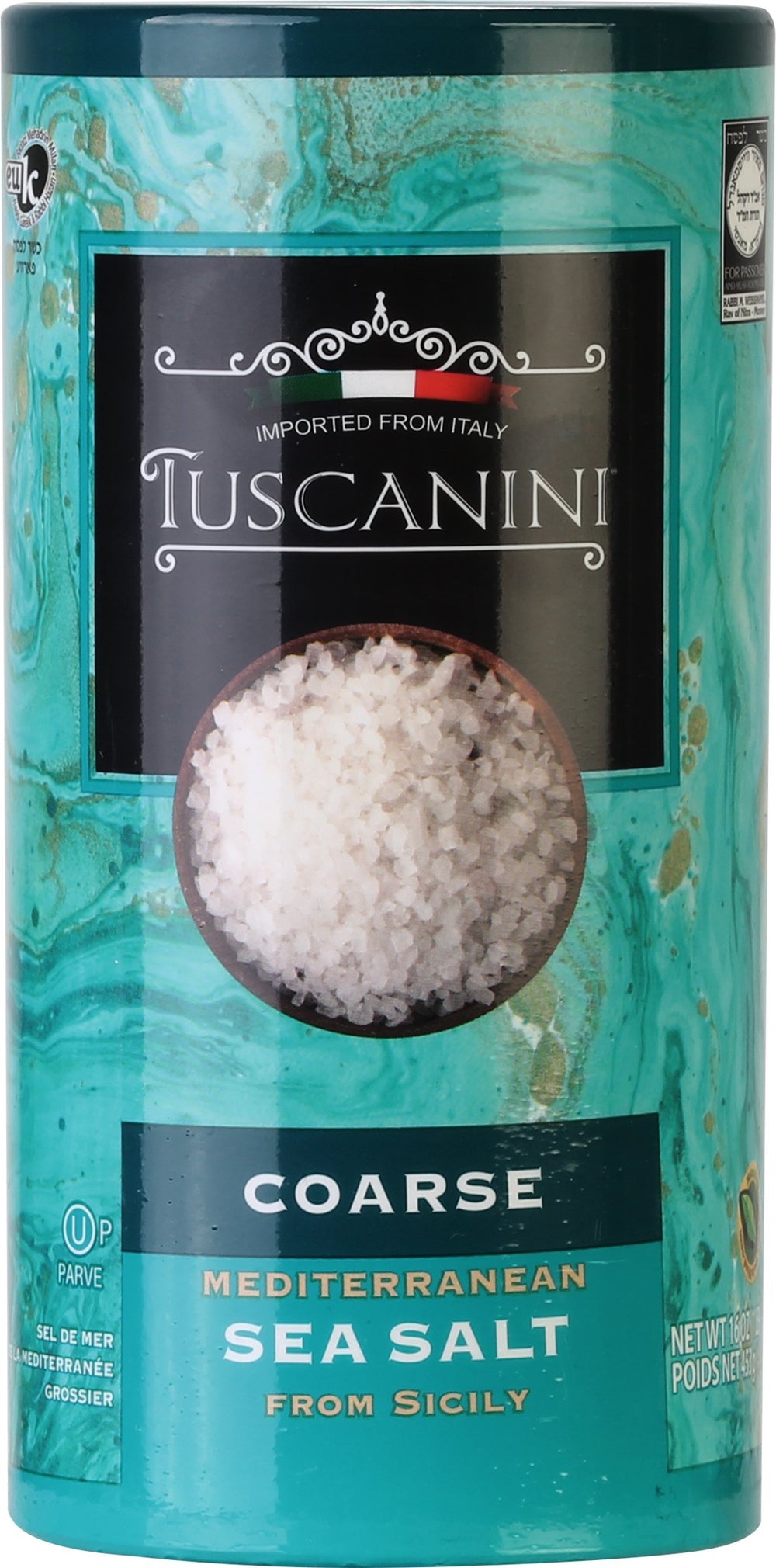 Tuscanini coarse Mediterranean sea salt tube 16oz for gourmet seasoning.