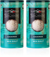 Tuscanini coarse sea salt packaging showcases premium quality for elegant kitchen use.