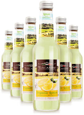 Tuscanini Organic Lemon Soda bottle pouring, highlighting 16% real juice and natural ingredients.