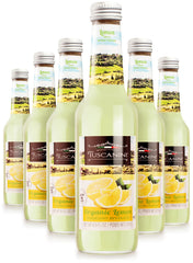 Tuscanini Organic Lemon Soda bottle pouring, highlighting 16% real juice and natural ingredients.