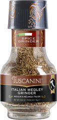 Tuscanini Premium Italian Medley Spice Grinder bottle releasing fresh aroma for soups and sauces.