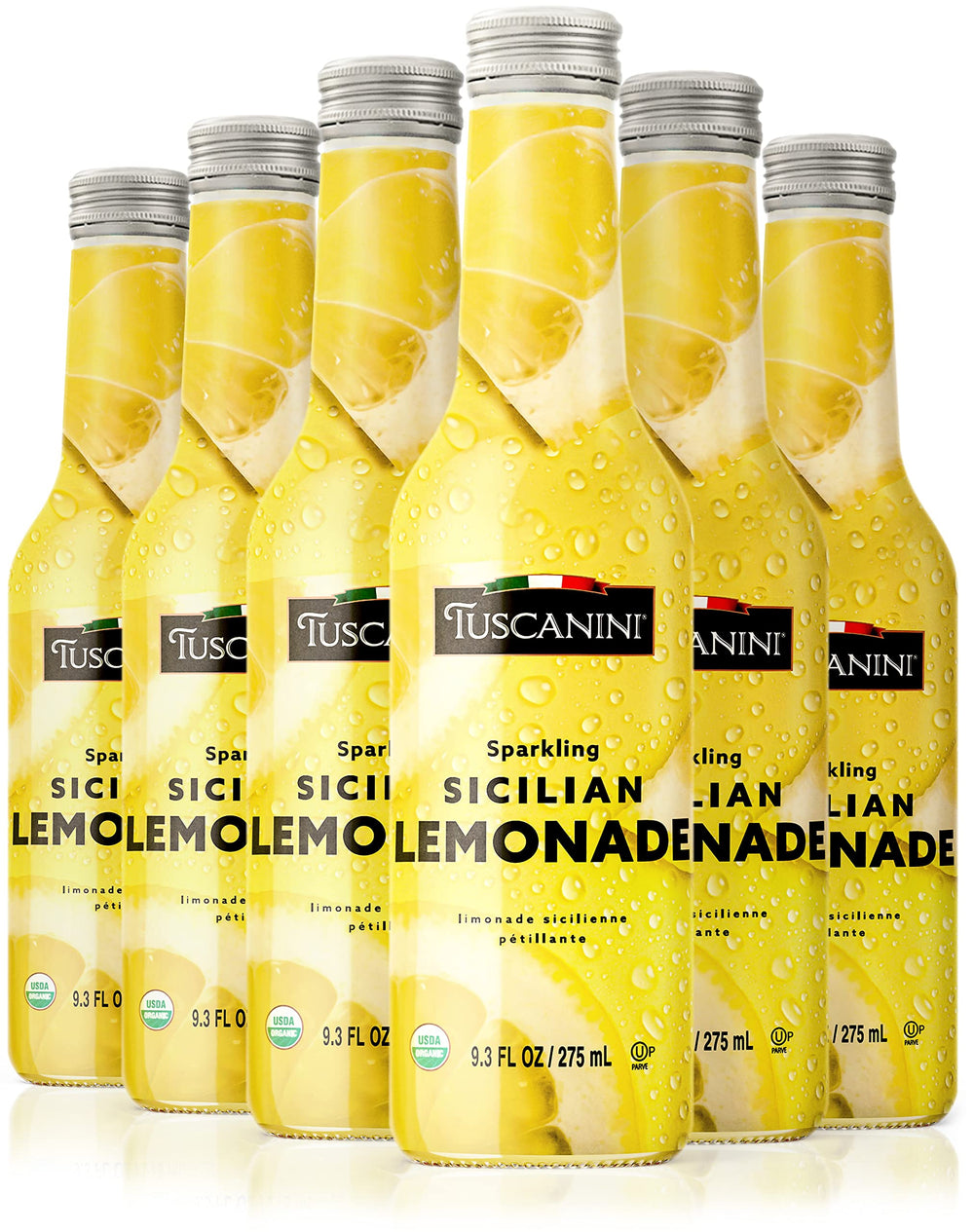 Tuscanini Sparkling Lemonade bottle on ice, a refreshing summer treat