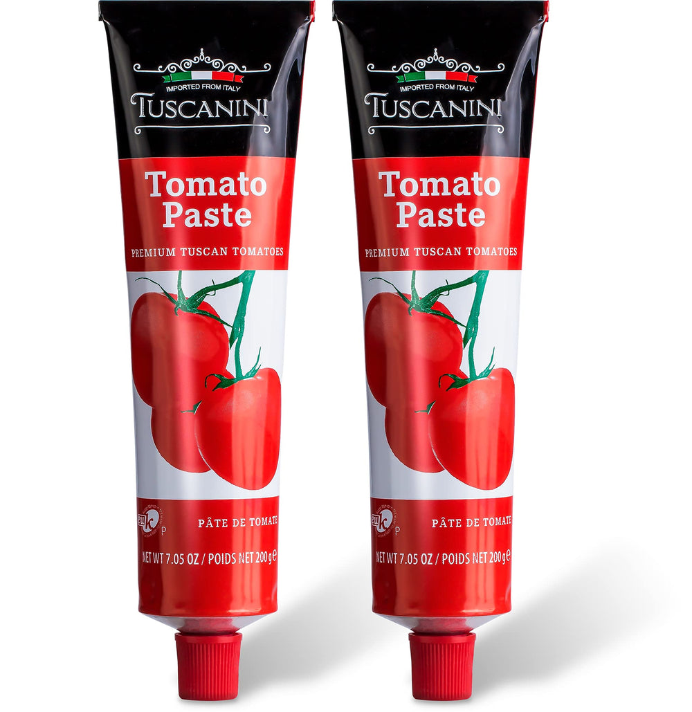 Tuscanini Tomato Paste Tube closeup, highlighting premium Italian tomatoes and convenient squeeze.