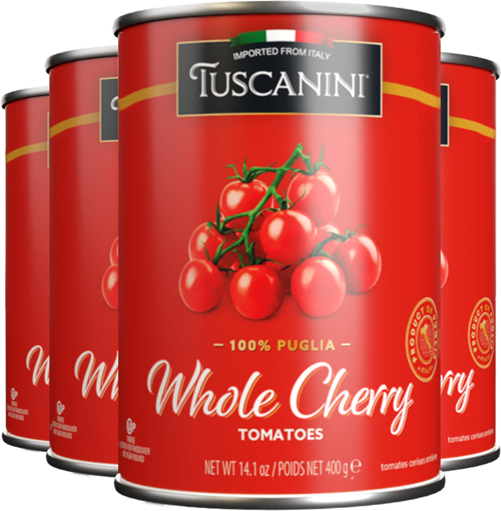 Tuscanini whole cherry tomatoes in a 14oz pack, vibrant and ready for sauces.