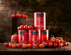 Close-up of Tuscanini tomatoes showing glossy skins ideal for pasta sauces.