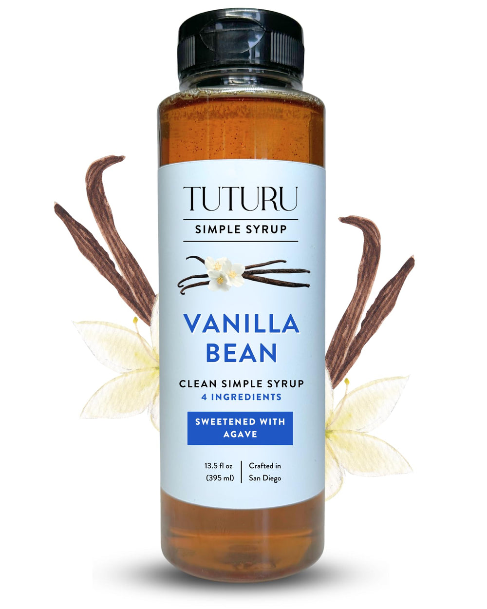 Tuturu Vanilla Bean Agave Syrup bottle showcases real vanilla flavor for coffee.