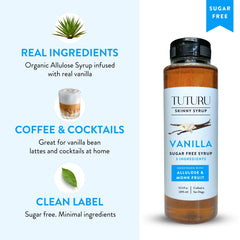 Tuturu Vanilla Syrup bottle beside a cocktail glass suggesting vanilla infused drinks.
