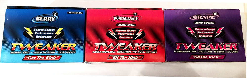 Tweaker Energy Variety Pack front view showing grape, berry, and pomegranate flavors for on-the-go energy