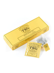 TWG Silver Moon Tea teabags closeup, 100% cotton bags for full leaf aroma.