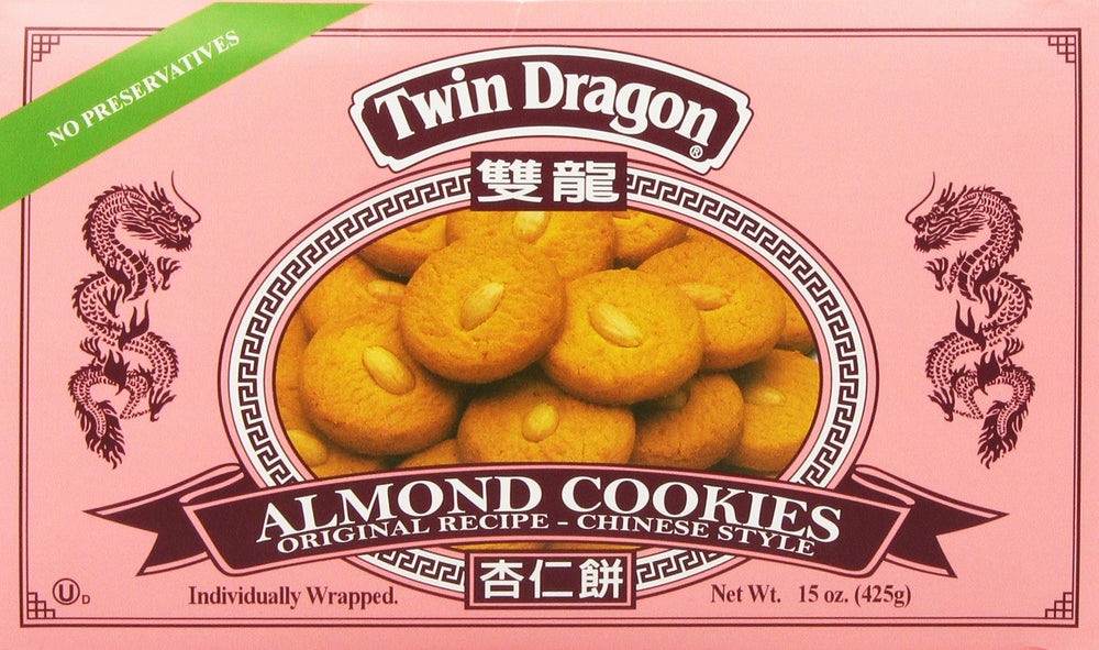 Twin Dragon Almond Cookies pack shot showing the 15 oz box for sharing