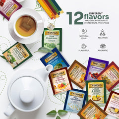 Twinings 12 herbal flavors display showcasing diverse caffeine-free blends