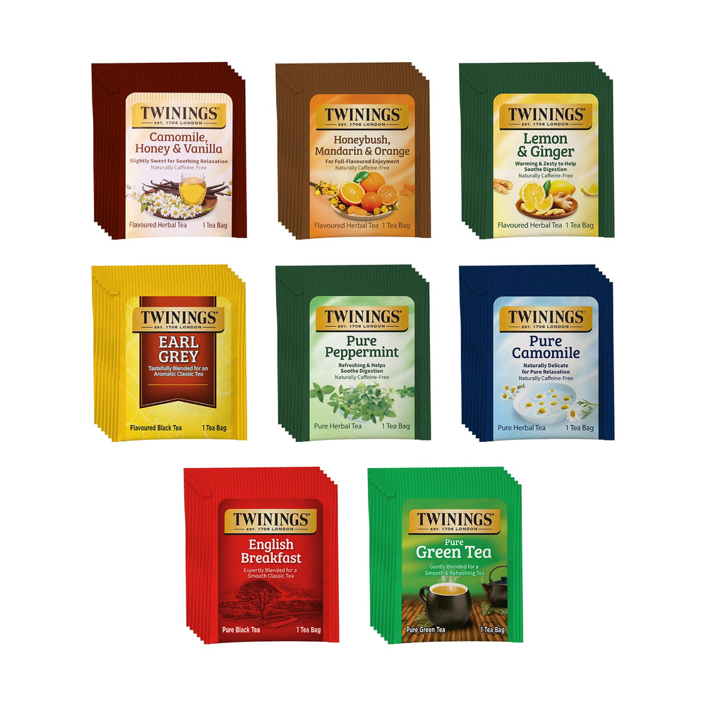 Twinings 48-tea-bags variety pack box showcases eight flavors for easy daily tea choices.