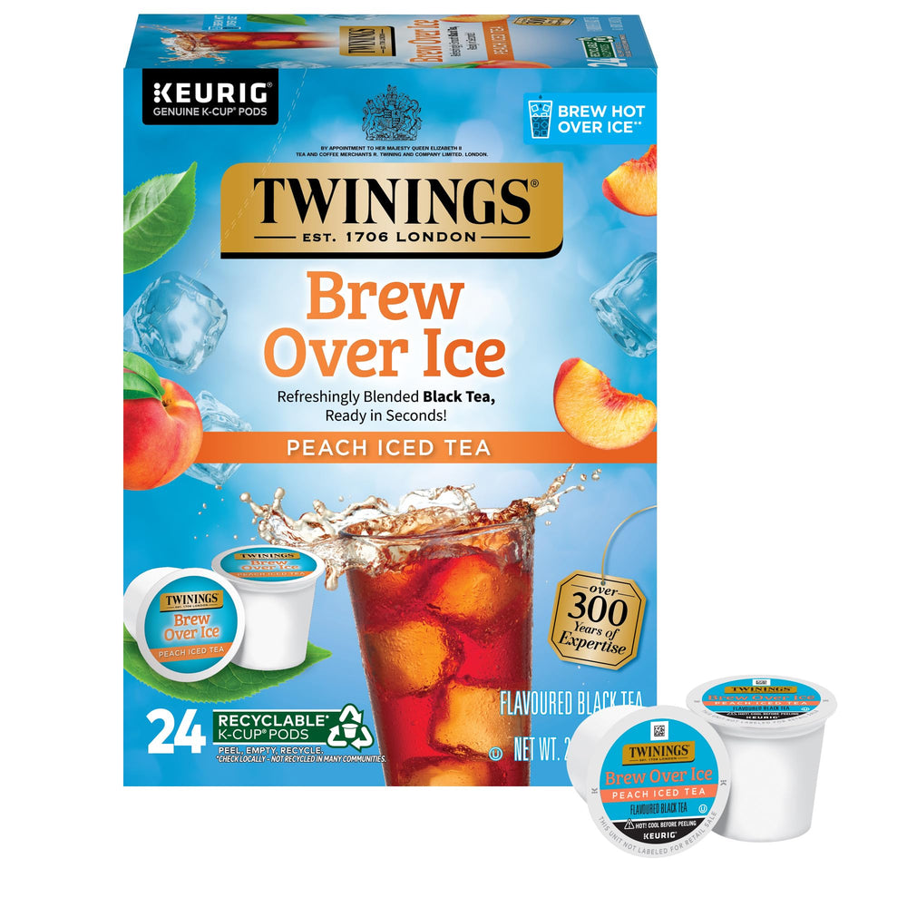 Twinings Brew Over Ice Peach Black Tea pods for iced tea, unsweetened and caffeinated.