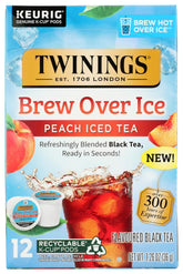 Twinings Brew Over Ice Peach Tea k-cup pack for refreshing iced tea.