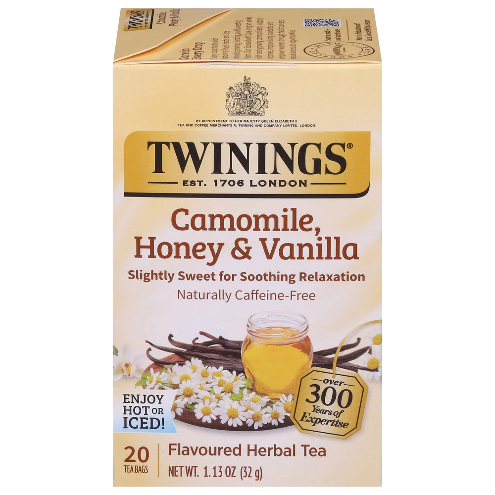 Twinings Camomile Honey Vanilla tea bags for a soothing, caffeine-free cup.