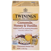 Twinings Camomile Honey Vanilla tea bags for a soothing, caffeine-free cup.