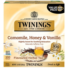 Twinings Camomile Honey Vanilla tea bags ready to brew for soothing moments.