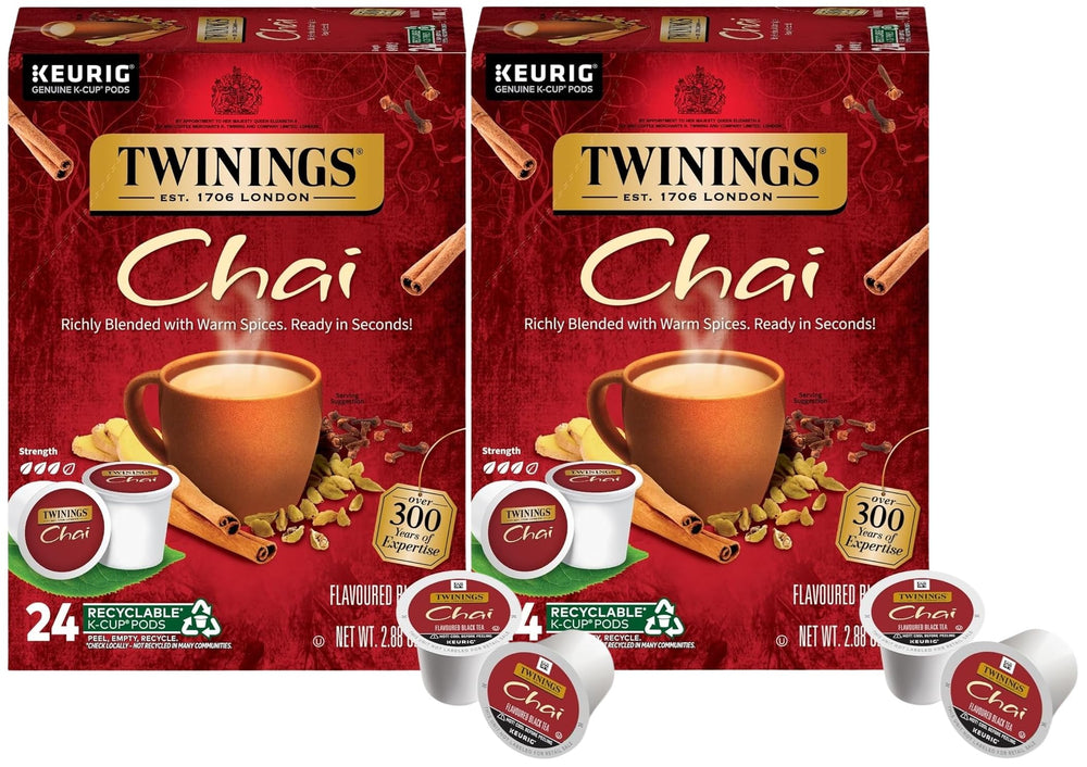 Twinings Chai Black Tea K-Cup Pods boxes showcase bold aroma and convenient brewing.