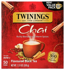 Twinings Chai Black Tea pack shot highlighting 50-count box for easy brewing