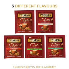 Close-up of Twinings chai flavors tea bags for discovering new tastes.