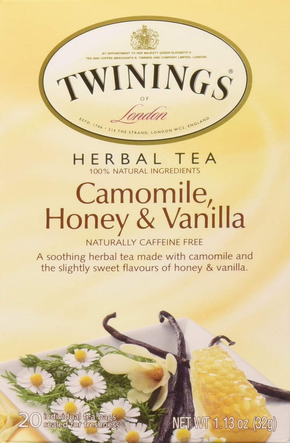Twinings Chamomile Honey Vanilla tea bags ready for brewing.