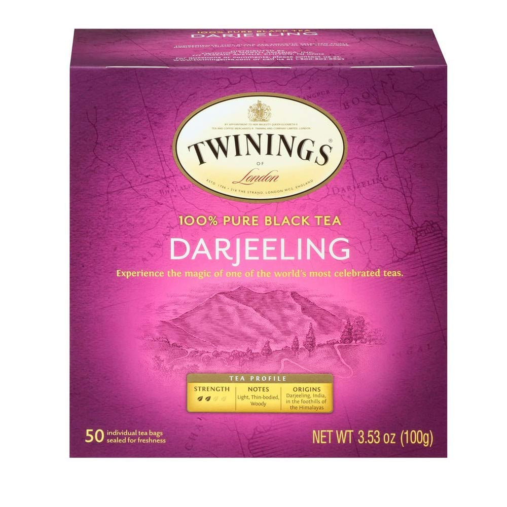 Twinings Darjeeling tea bags packaging showcases premium leaves for a refined daily ritual.