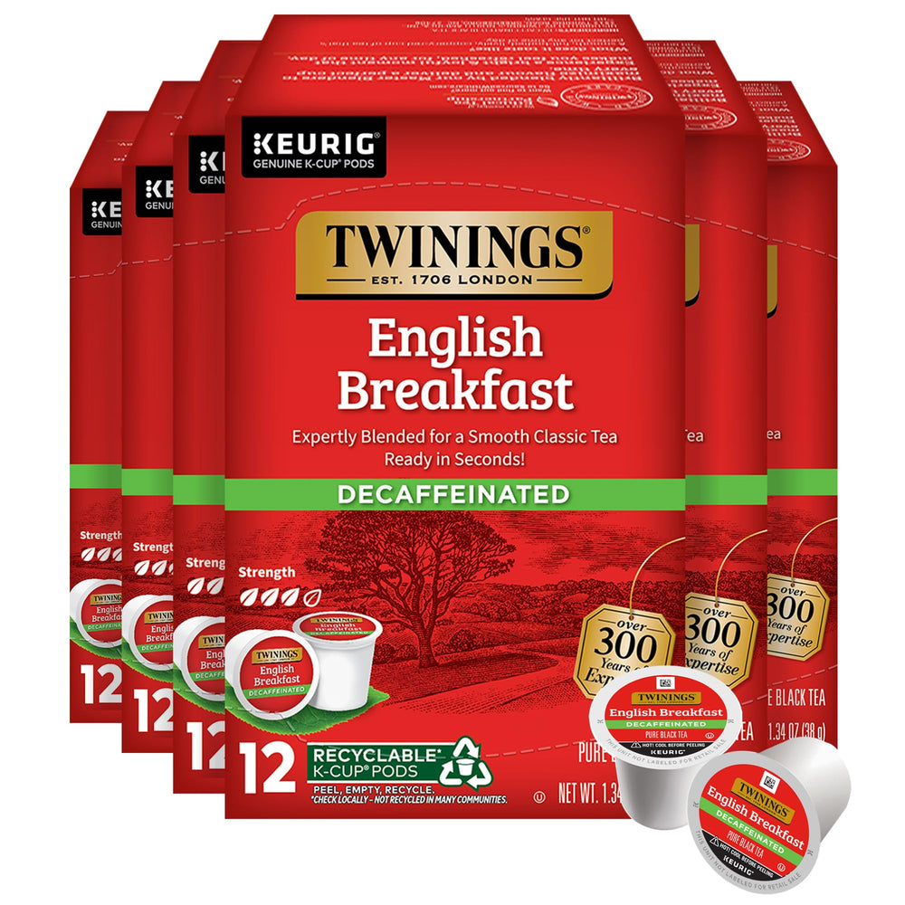 Twinings decaf English Breakfast K-Cup pods provide smooth caffeine-free flavor for Keurig brewers.
