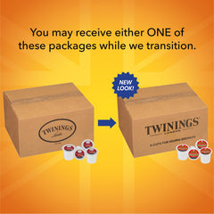 Twinings tea pod next to a steaming cup, warm comfort without caffeine.