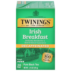 Twinings Decaf Irish Breakfast tea bags on display, convenient for anytime tea.