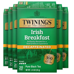 Twinings Decaf Irish Breakfast tea bags in packaging, convenient daily ritual.