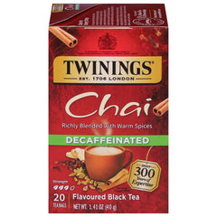 Twinings decaffeinated chai tea bags packaging showing convenient freshness for on-the-go