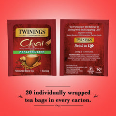 Twinings decaffeinated chai spice blend on shelf, ready to brew