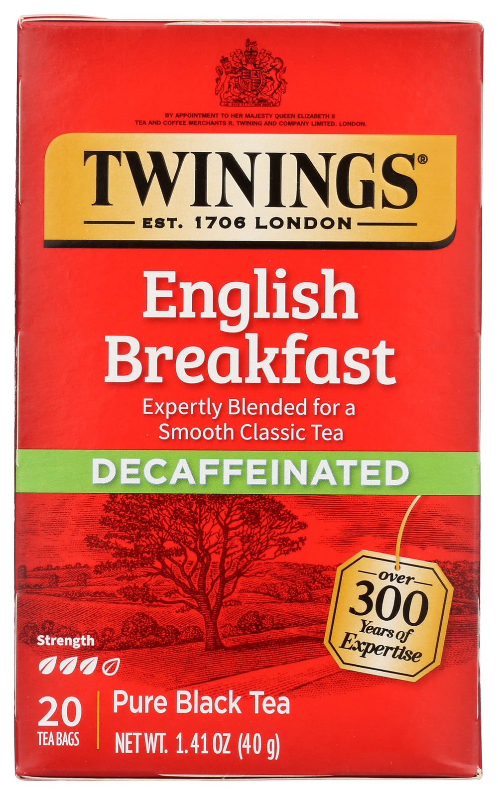 Twinings decaffeinated English Breakfast tea bags—robust flavor without caffeine for any time of day