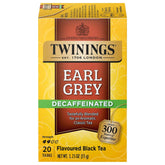Twinings Earl Grey Decaf tea bags on packaging display for quick, comforting cuppas.