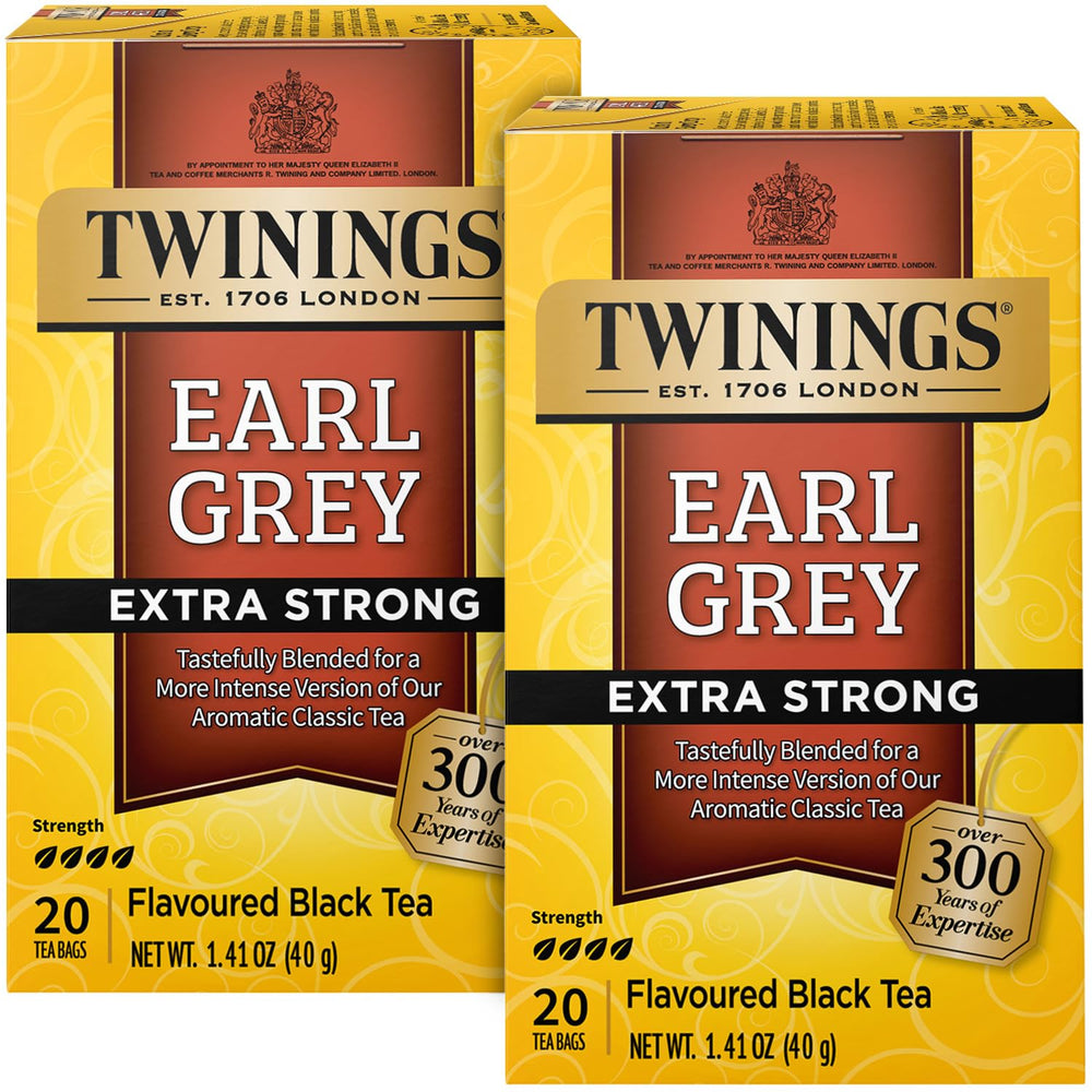 Twinings Earl Grey Extra Strong tea bags deliver bold bergamot flavor.