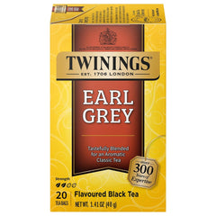 Twinings Earl Grey tea box with 20 individually wrapped bags for convenient use.