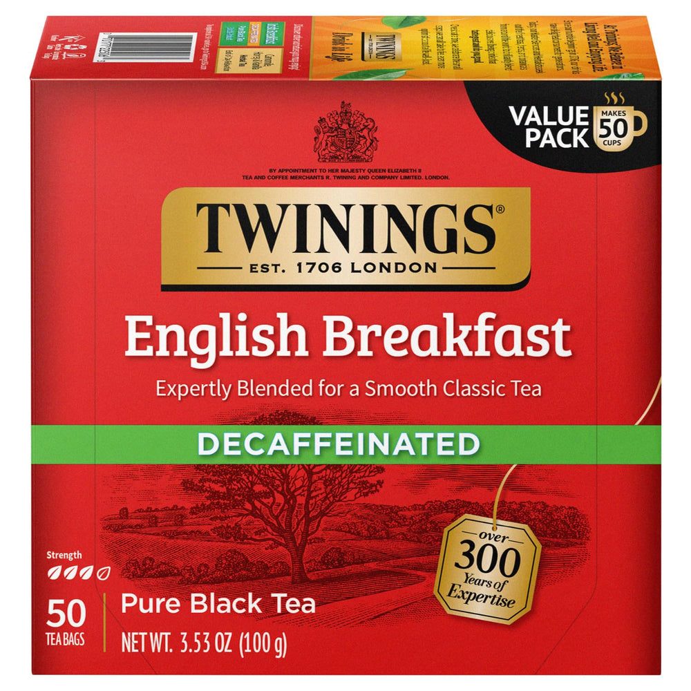 Twinings English Breakfast Decaf tea bags packaging for easy daily freshness.