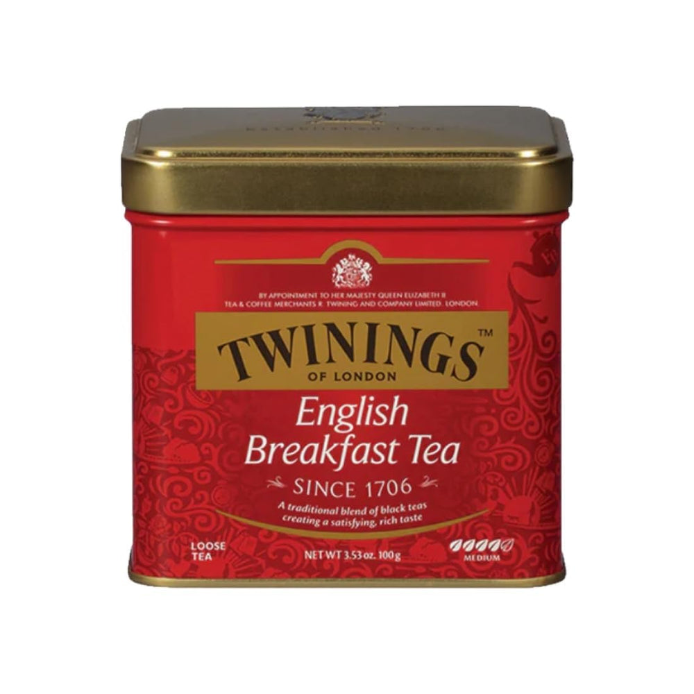 Twinings English Breakfast loose tea in a keepsake tin ready to brew.
