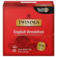 Twinings English Breakfast tea bags shown individually wrapped for freshness on the go