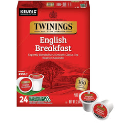 Twinings English Breakfast tea pods box for quick caffeine boost at home.