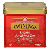 Twinings English Breakfast tea tin showing premium blend in a metal tin for freshness