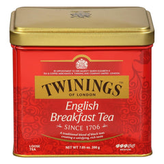 Twinings English Breakfast tea tin showing premium blend in a metal tin for freshness