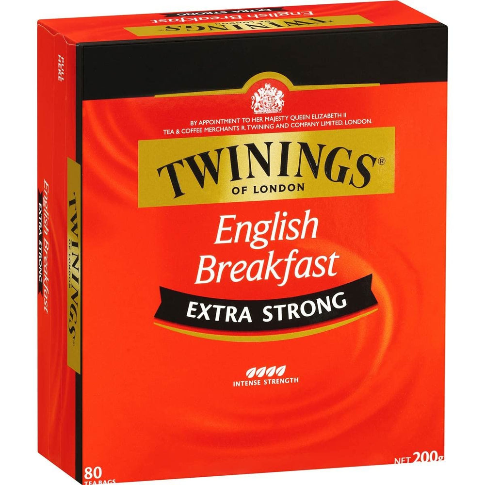 Twinings Extra Strong English Breakfast tea bags offer a bold morning pick-me-up with rich flavor.